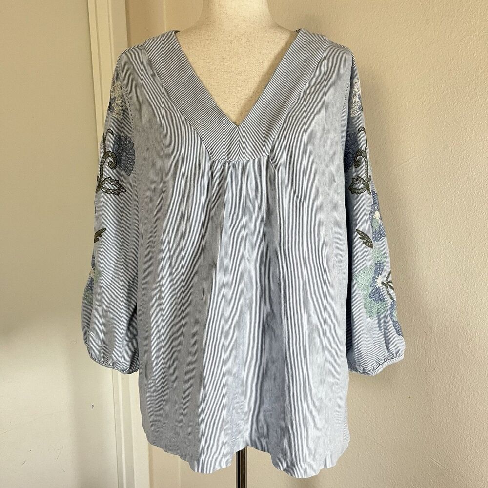J Jill Top Womens XL Blue White Stripe Embroidered Balloon Sleeve Boho